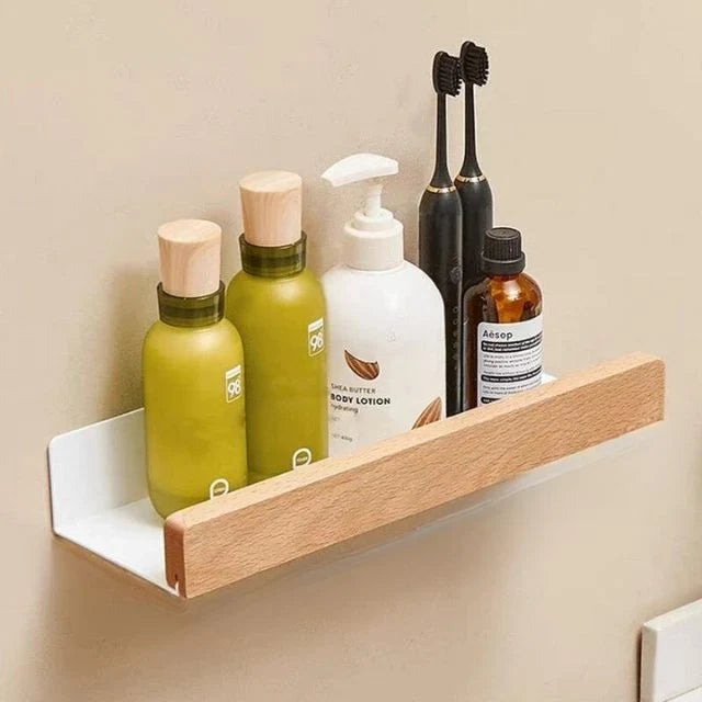 Étagère murale avec barre en bois et support métallique