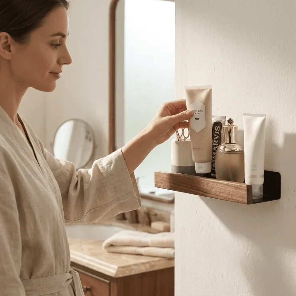 Étagère murale avec barre en bois et support métallique