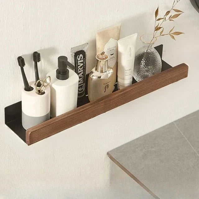 Étagère murale avec barre en bois et support métallique