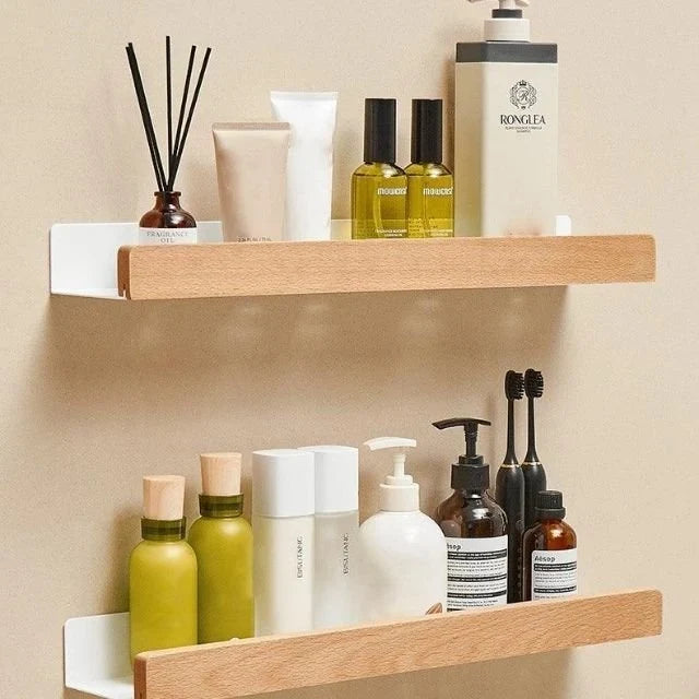 Étagère murale avec barre en bois et support métallique