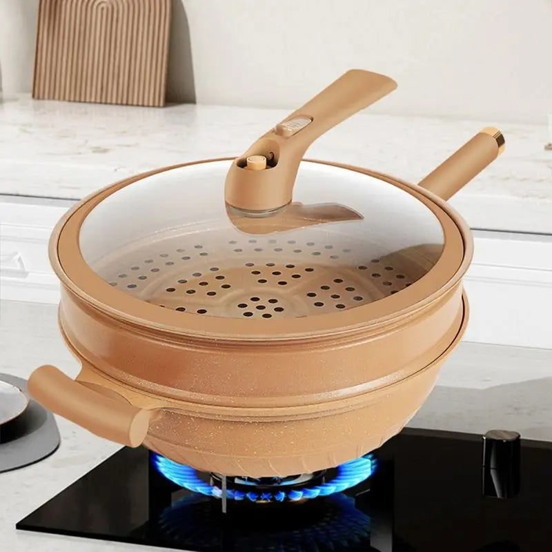 Wok antiadhésif avec panier vapeur et couvercle en verre