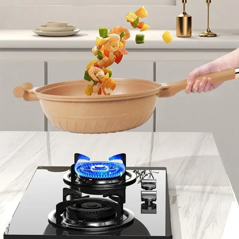 Wok antiadhésif avec panier vapeur et couvercle en verre