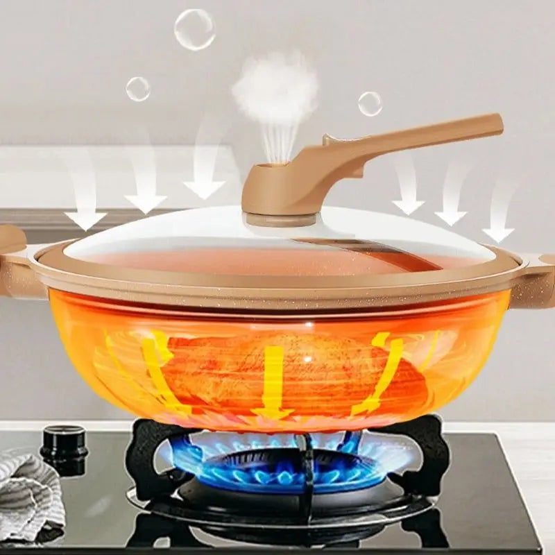 Wok antiadhésif avec panier vapeur et couvercle en verre