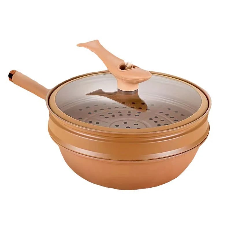 Wok antiadhésif avec panier vapeur et couvercle en verre