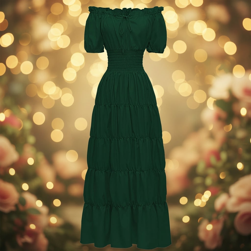 Robe longue épaules dénudées avec taille smockée