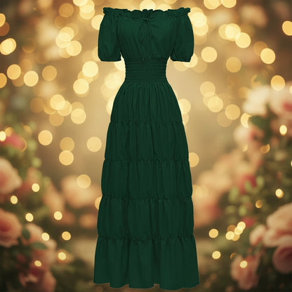 Robe longue épaules dénudées avec taille smockée
