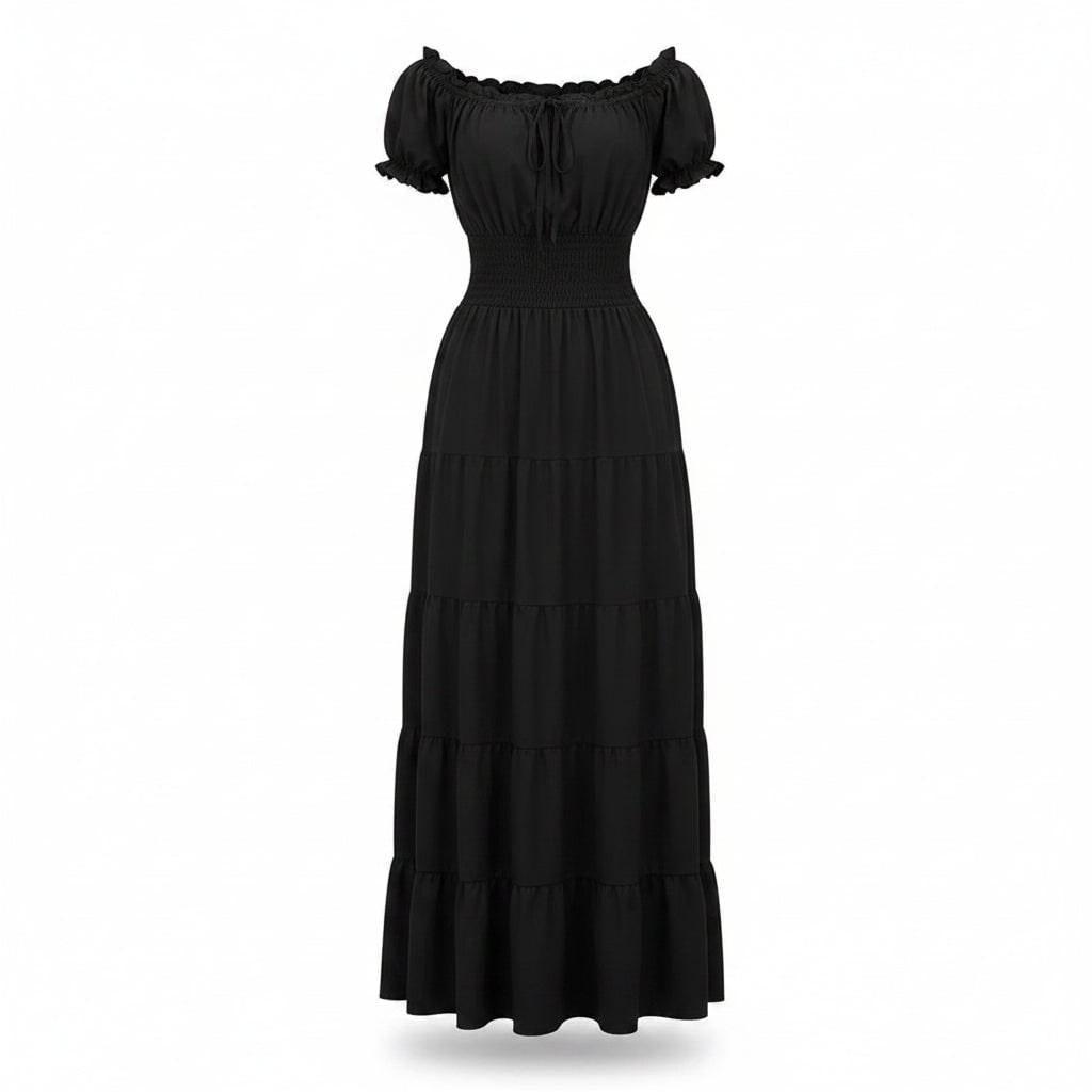 Robe longue épaules dénudées avec taille smockée