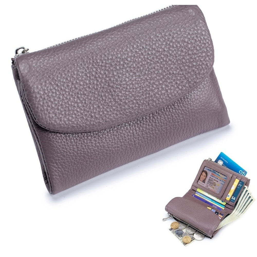 Portefeuille femme en cuir avec poches zippées et porte-cartes