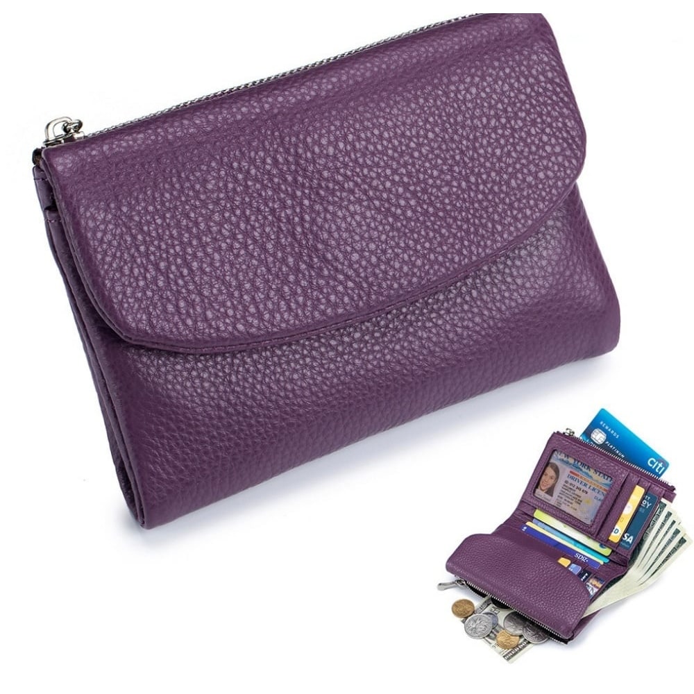 Portefeuille femme en cuir avec poches zippées et porte-cartes