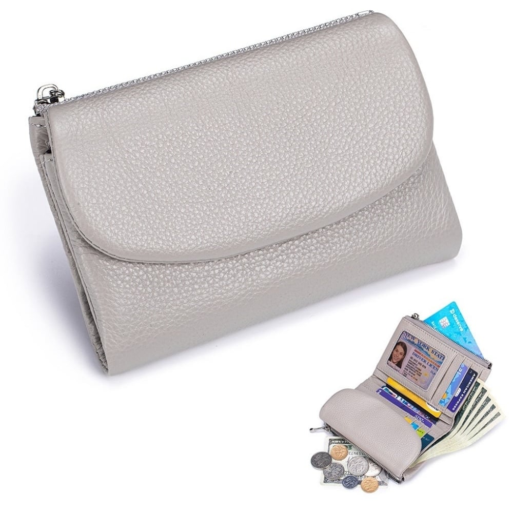 Portefeuille femme en cuir avec poches zippées et porte-cartes