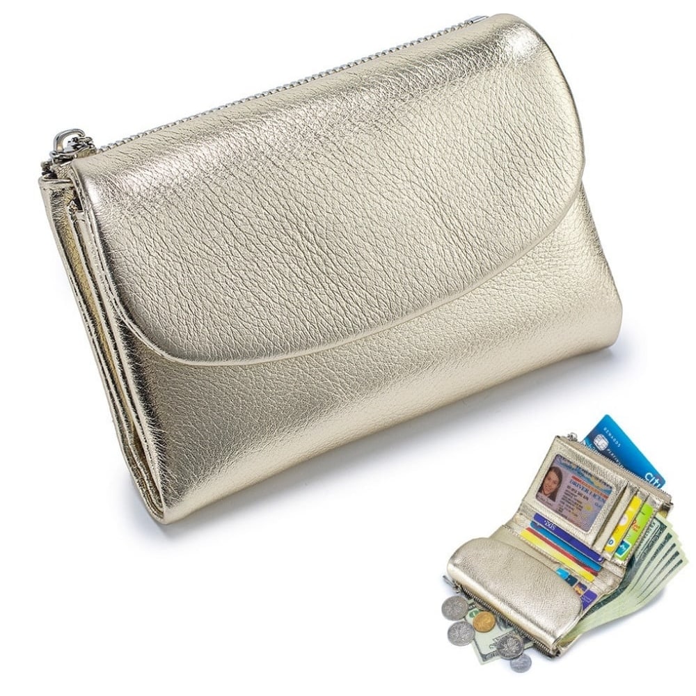 Portefeuille femme en cuir avec poches zippées et porte-cartes