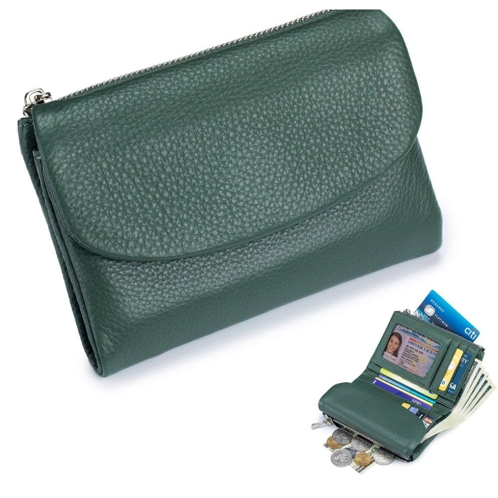 Portefeuille femme en cuir avec poches zippées et porte-cartes