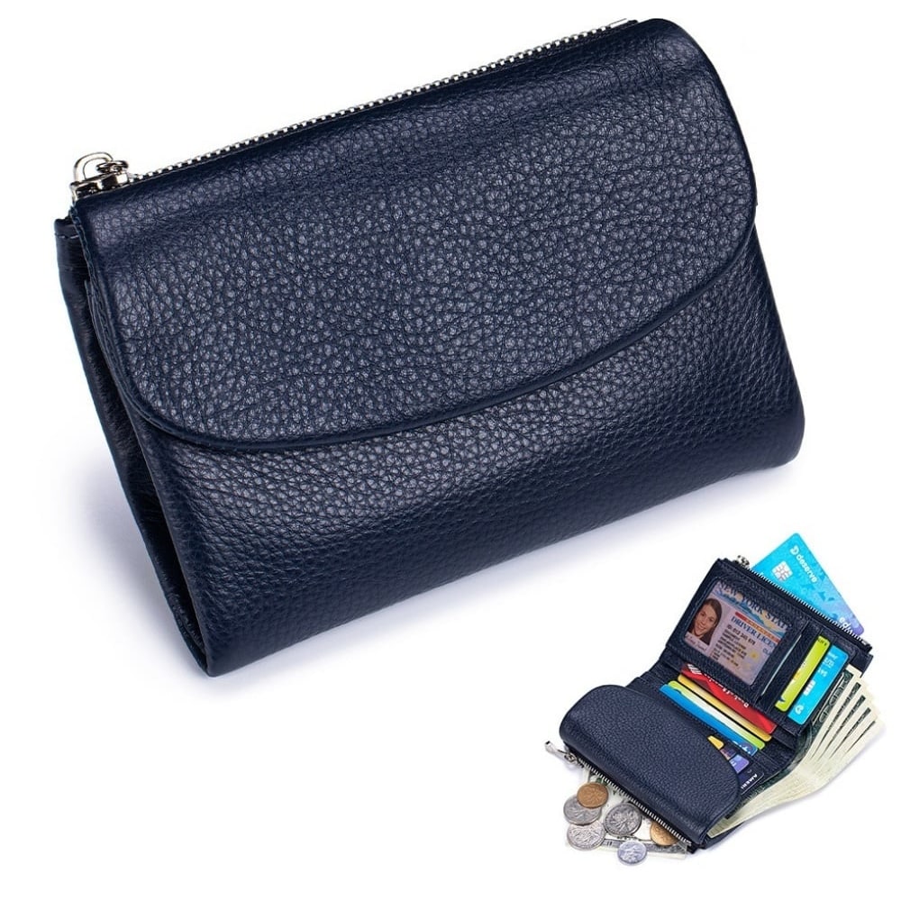 Portefeuille femme en cuir avec poches zippées et porte-cartes