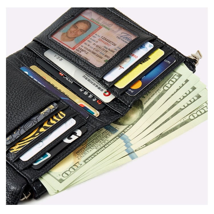 Portefeuille femme en cuir avec poches zippées et porte-cartes