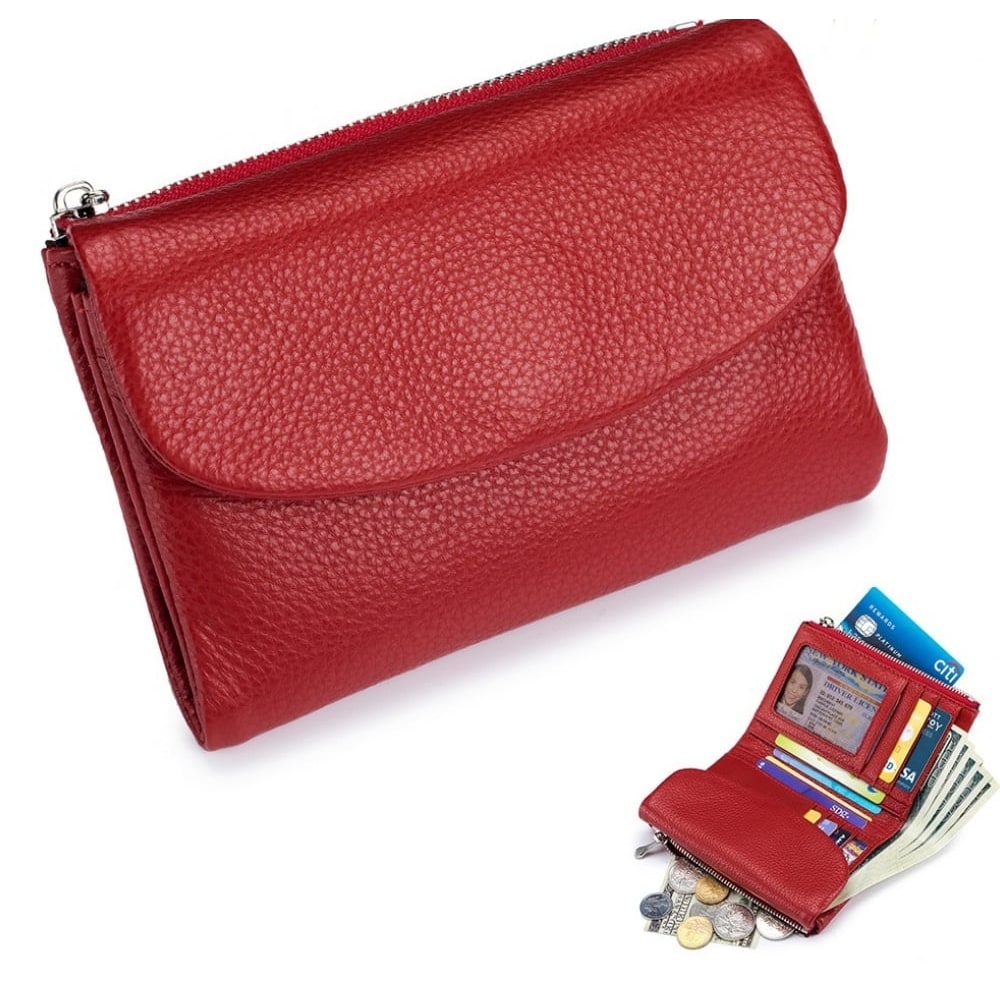 Portefeuille femme en cuir avec poches zippées et porte-cartes