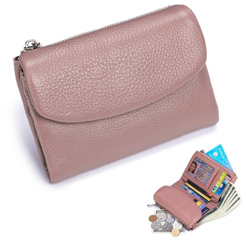 Portefeuille femme en cuir avec poches zippées et porte-cartes