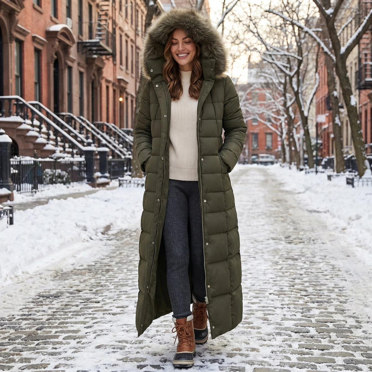 Manteau matelassé long pour femme avec capuche et ceinture