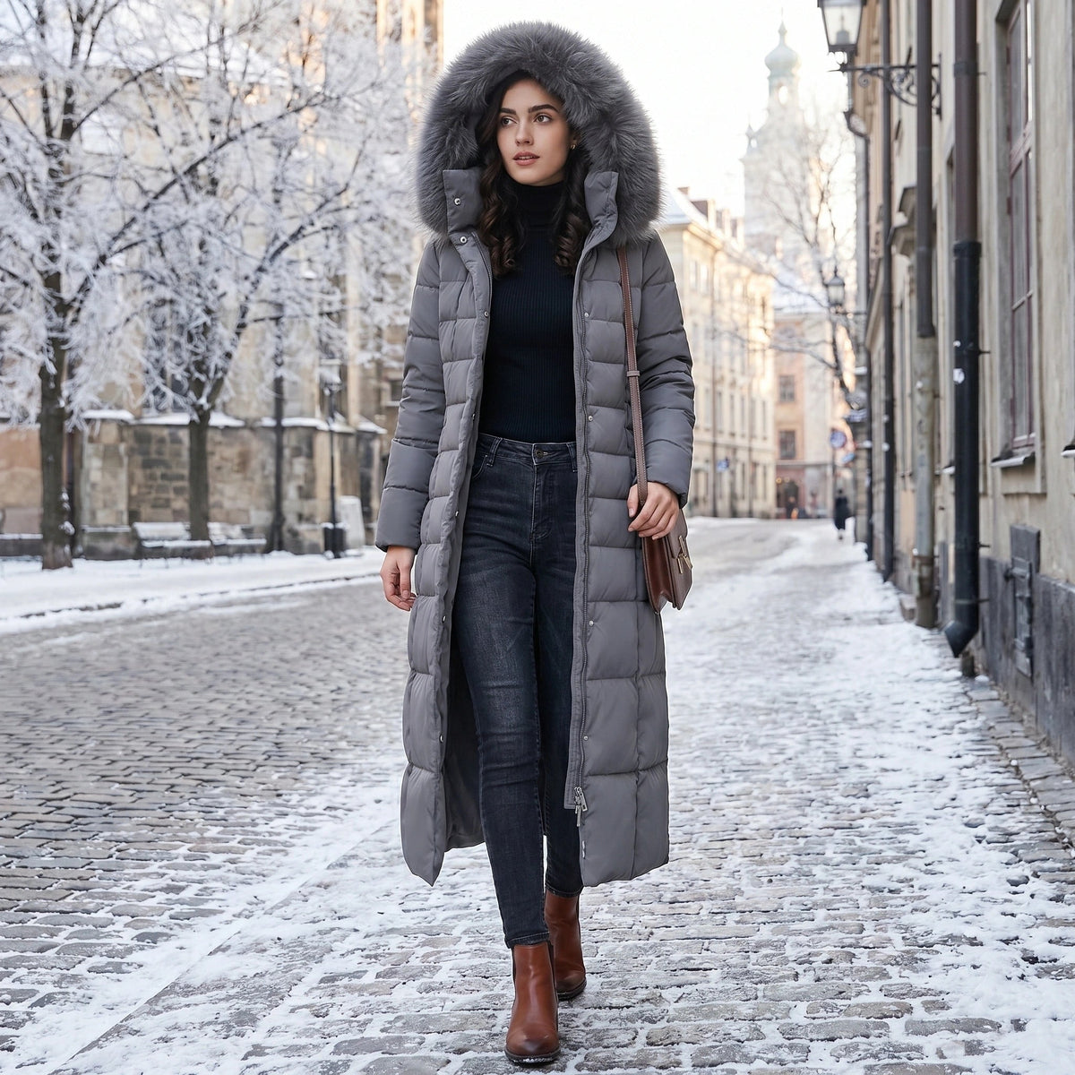Manteau matelassé long pour femme avec capuche et ceinture