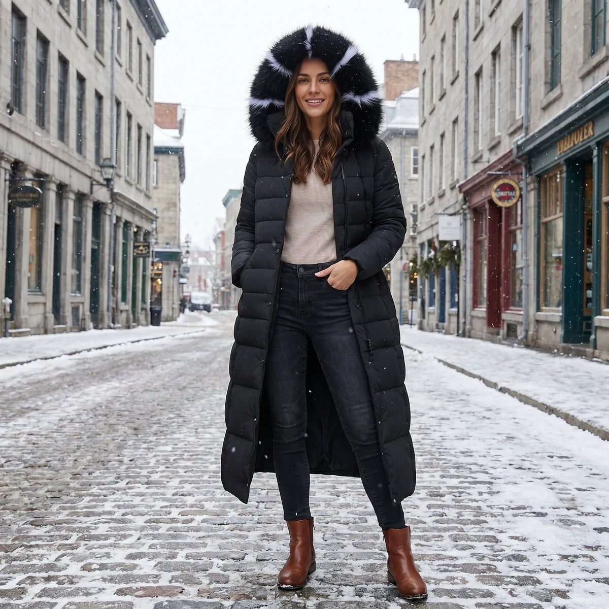 Manteau matelassé long pour femme avec capuche et ceinture