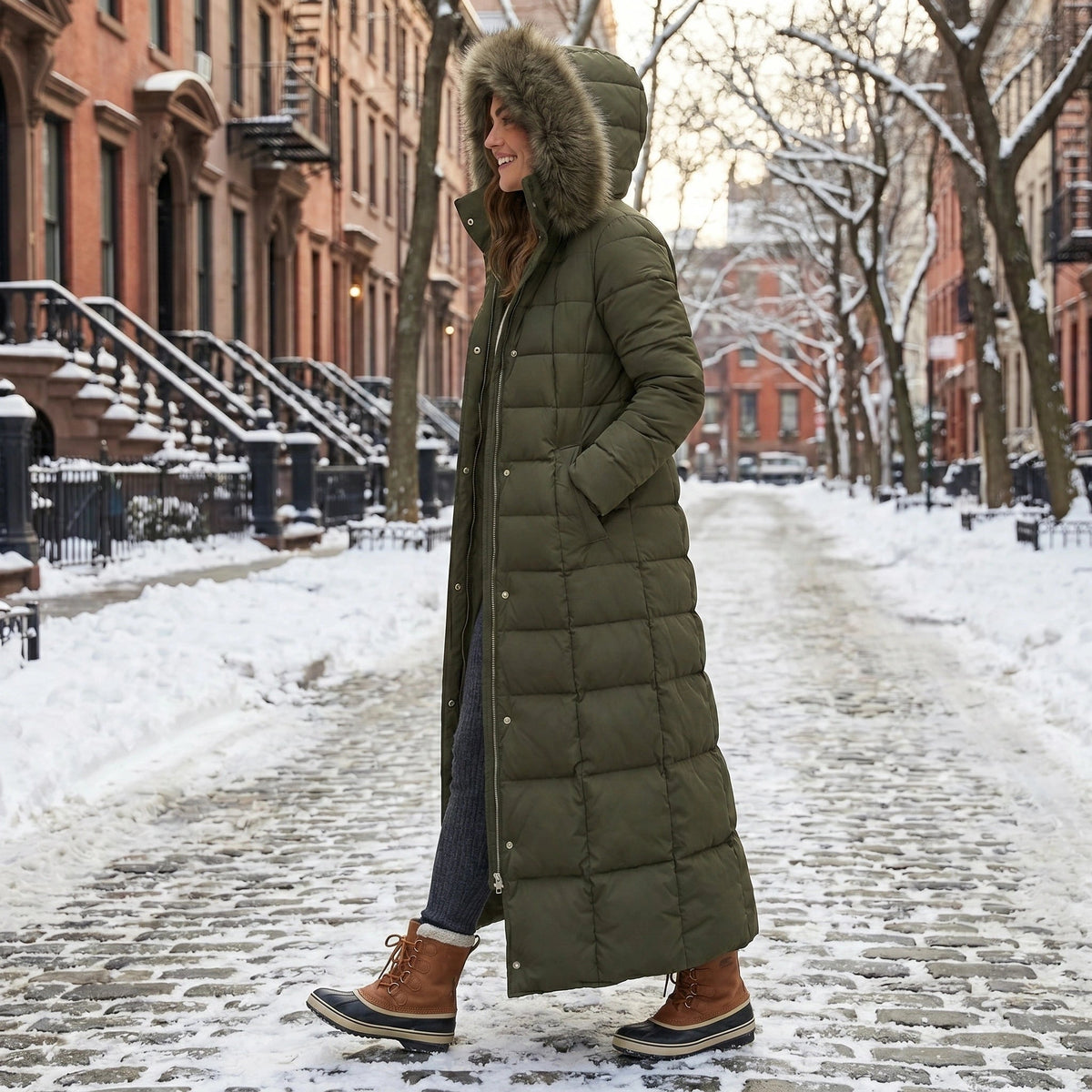 Manteau matelassé long pour femme avec capuche et ceinture