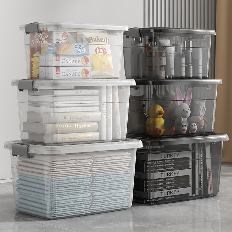 Boîte de rangement plastique empilable à couvercle et poignée
