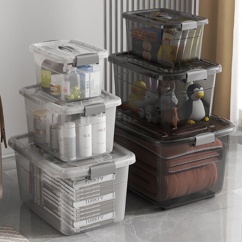 Boîte de rangement plastique empilable à couvercle et poignée
