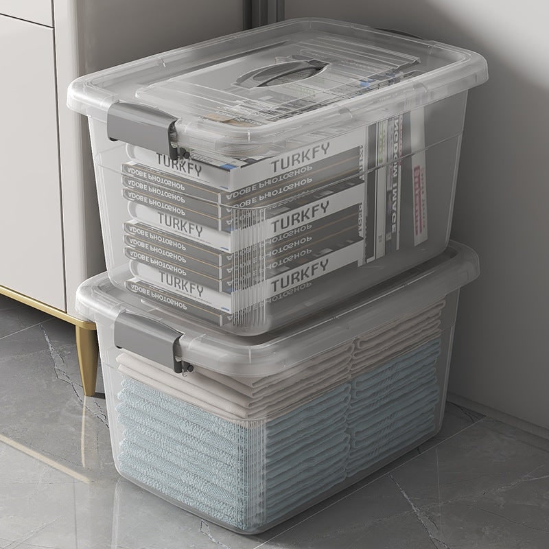 Boîte de rangement plastique empilable à couvercle et poignée
