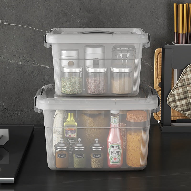 Boîte de rangement plastique empilable à couvercle et poignée