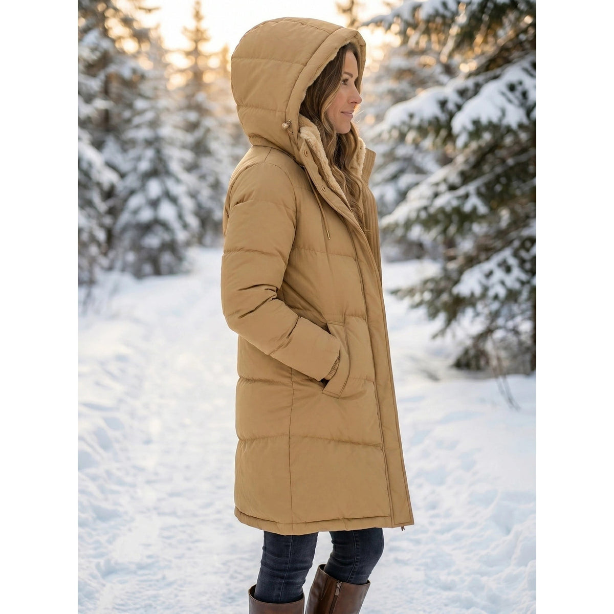 Doudoune mi-longue pour femme avec capuche doublée polaire