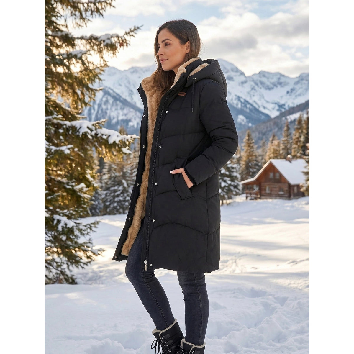 Doudoune mi-longue pour femme avec capuche doublée polaire