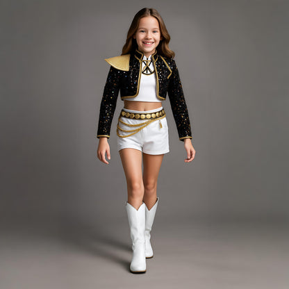 Costume de danse à sequins avec veste courte et ceinture à chaînes