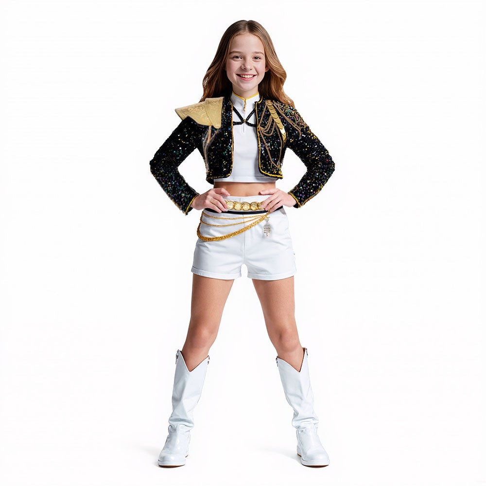 Costume de danse à sequins avec veste courte et ceinture à chaînes