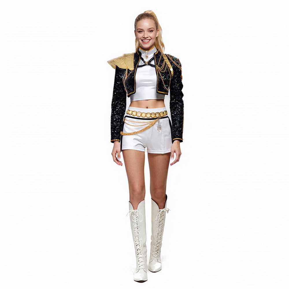 Costume de danse à sequins avec veste courte et ceinture à chaînes