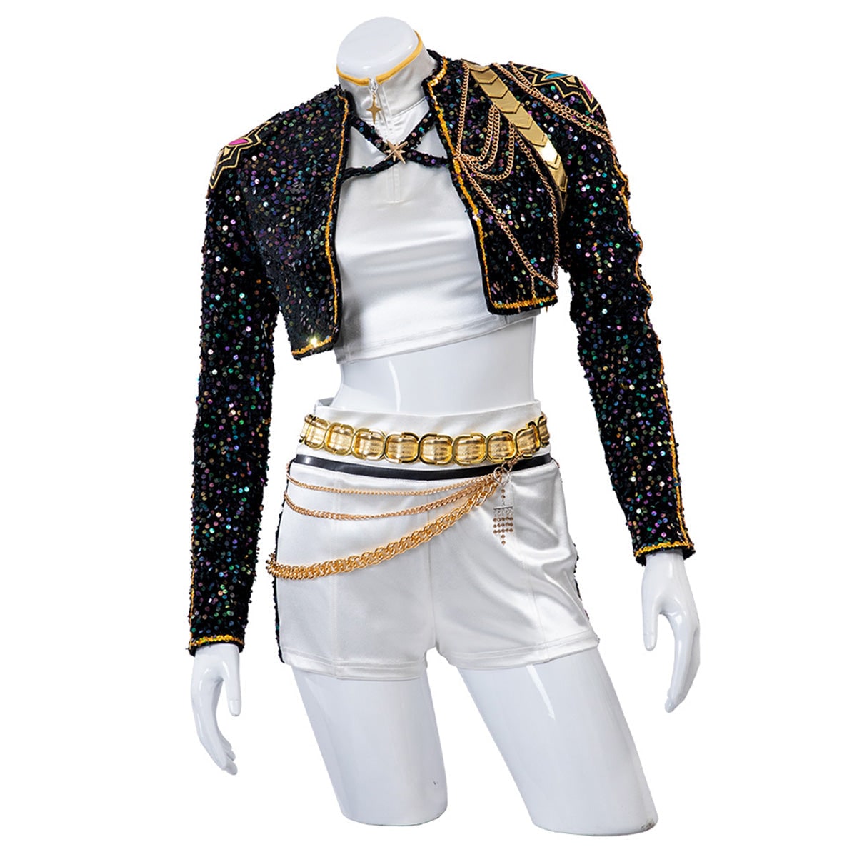 Costume de danse à sequins avec veste courte et ceinture à chaînes