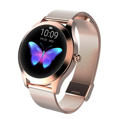 Montre connectée ronde pour femme avec bracelet métallique réglable