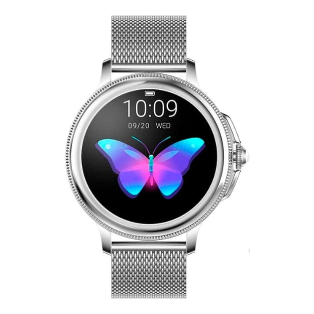 Montre connectée ronde pour femme avec bracelet métallique réglable