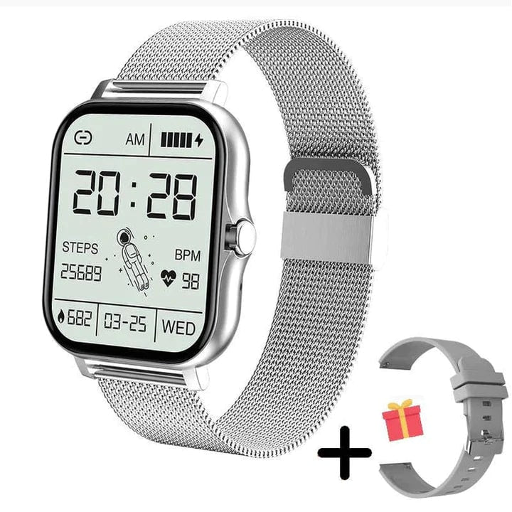 Montre connectée pour femme à écran tactile et bracelet métallique
