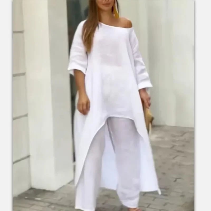 Ensemble femme en mélange de lin, tunique et pantalon large