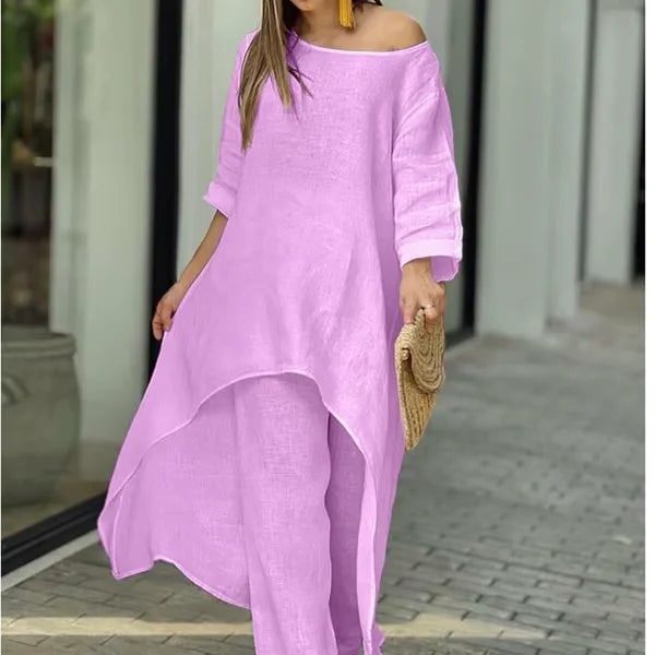 Ensemble femme en mélange de lin, tunique et pantalon large