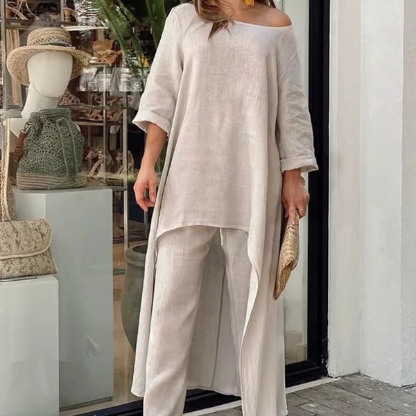 Ensemble femme en mélange de lin, tunique et pantalon large