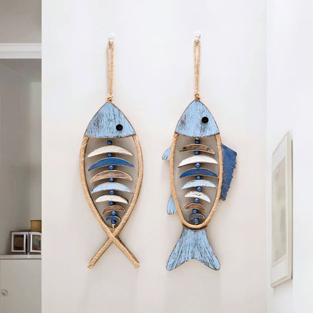 Décoration murale poisson en bois et corde, 47 × 21 cm