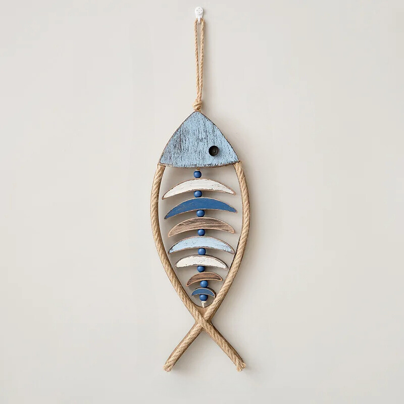 Décoration murale poisson en bois et corde, 47 × 21 cm