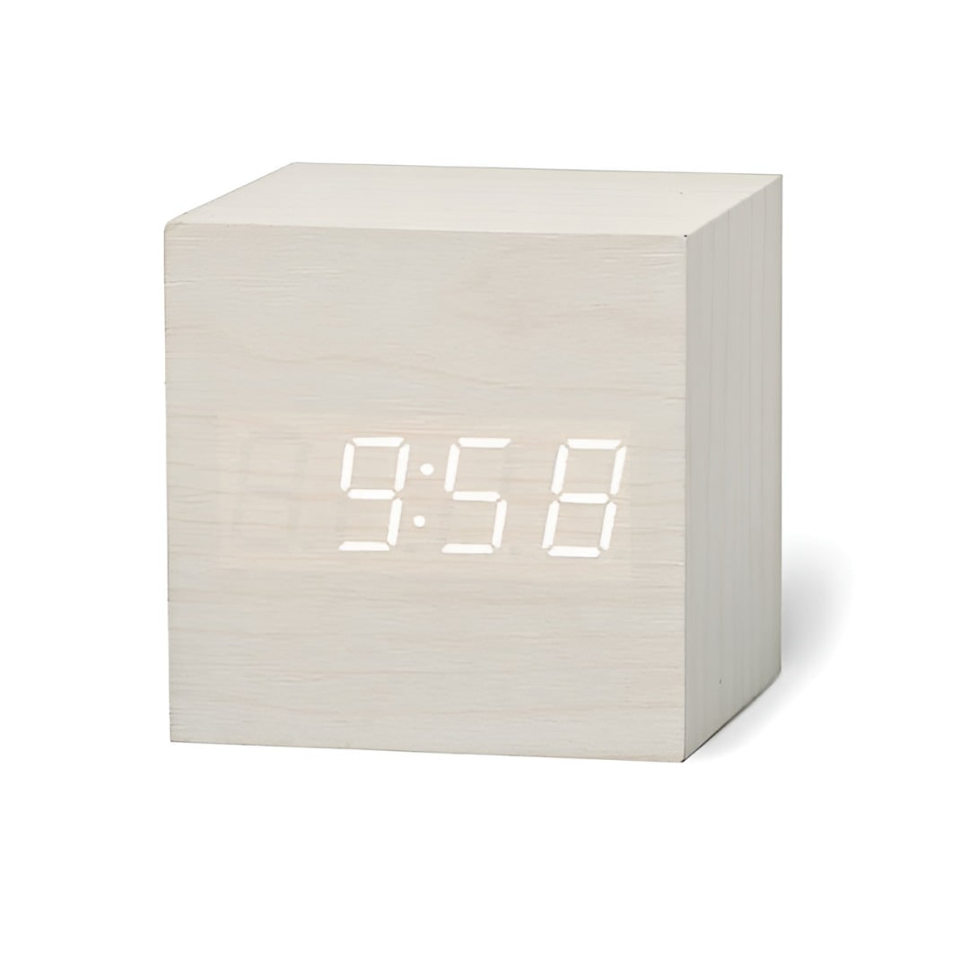 Réveil numérique cubique effet bois avec thermomètre