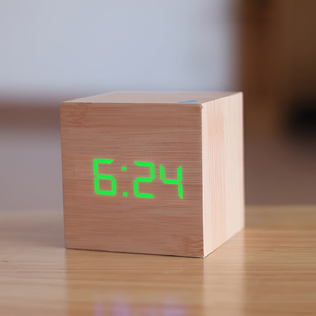 Réveil numérique cubique effet bois avec thermomètre
