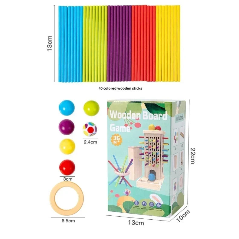 Jeu de tour d'équilibre en bois avec bâtonnets et billes