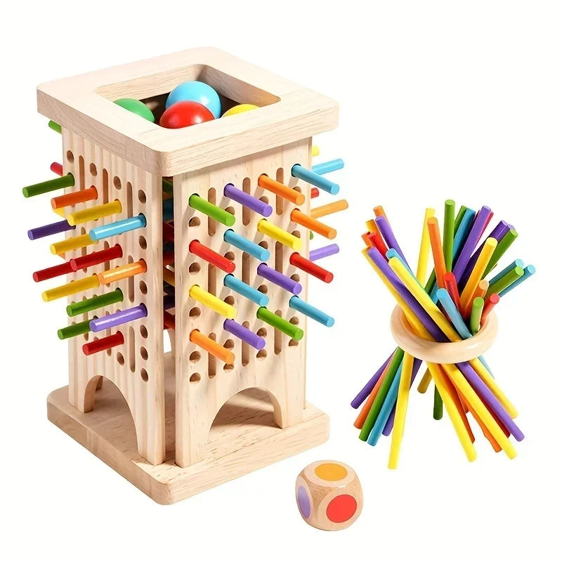 Jeu de tour d'équilibre en bois avec bâtonnets et billes