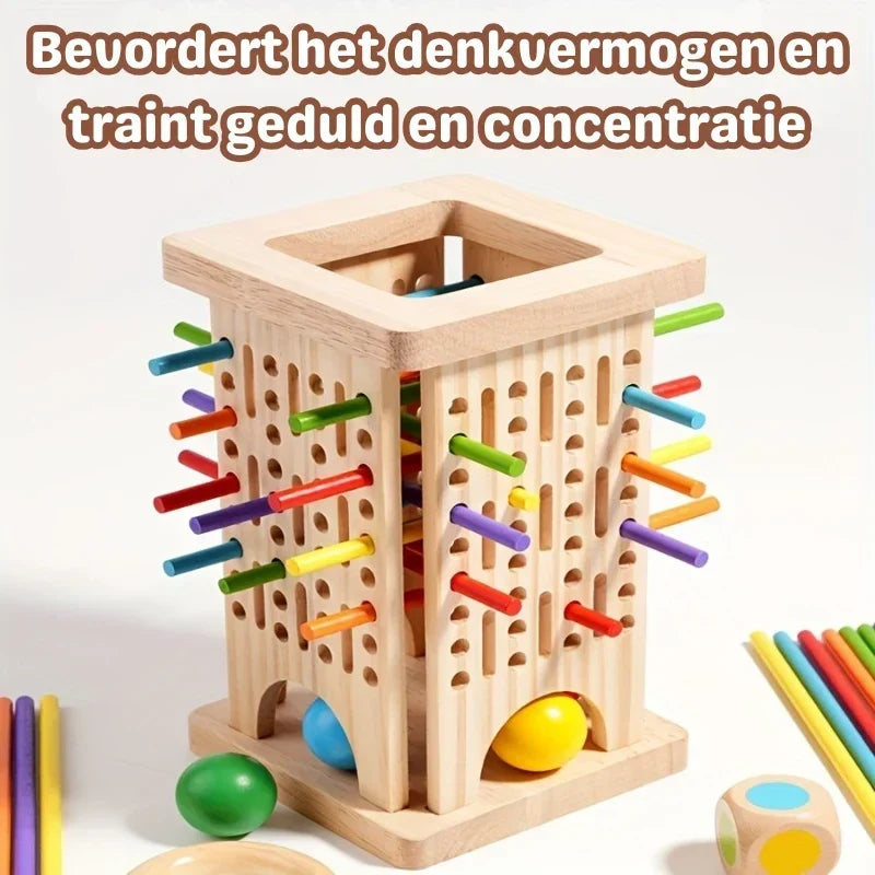 Jeu de tour d'équilibre en bois avec bâtonnets et billes