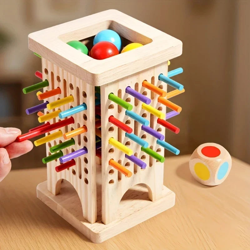 Jeu de tour d'équilibre en bois avec bâtonnets et billes